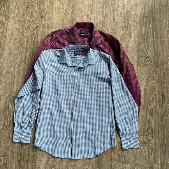 2- Peter England Slim Fit Dress‎ Shirts Casual Plaid Size 39 EUC Blue Red White - Picture 1 of 11